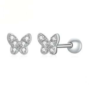 Pure silver S925 butterfly stud earrings - fresh, simple, small, rhodium-plated white gold zirconia delicate butterfly girls' earrings