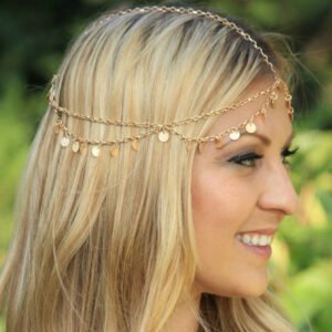 New trendy hair accessories street style photos featuring ultra-shiny sequin wave fringes, chain headbands and hair bands.