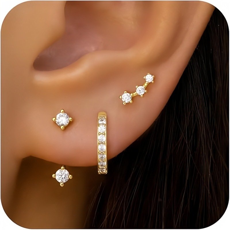Zirconite stud earrings, three diamond snake-shaped three-piece copper-plated pure gold earrings set with real gold.