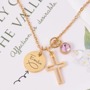 Cross-shaped birthstone pendant necklace