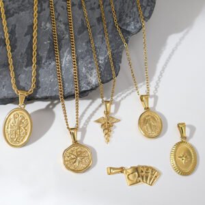 Retro octagonal star heart-shaped angel trophy stainless steel golden sesame seed clasp retro versatile pendant necklace accessory