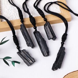 Natural crystal black tourmaline raw stone pendant, black tourmaline, simple and versatile sweater chain