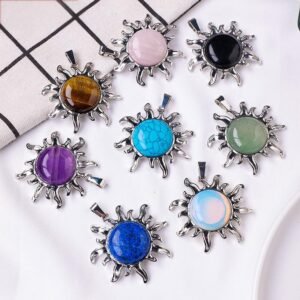Natural crystal and jade raw stone sunflower pendant. Retro alloy necklace accessory.