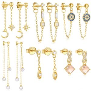 S925 pure silver diamond-set pearl tassel chain earrings and stud earrings, geometric stars and moons high-end earrings