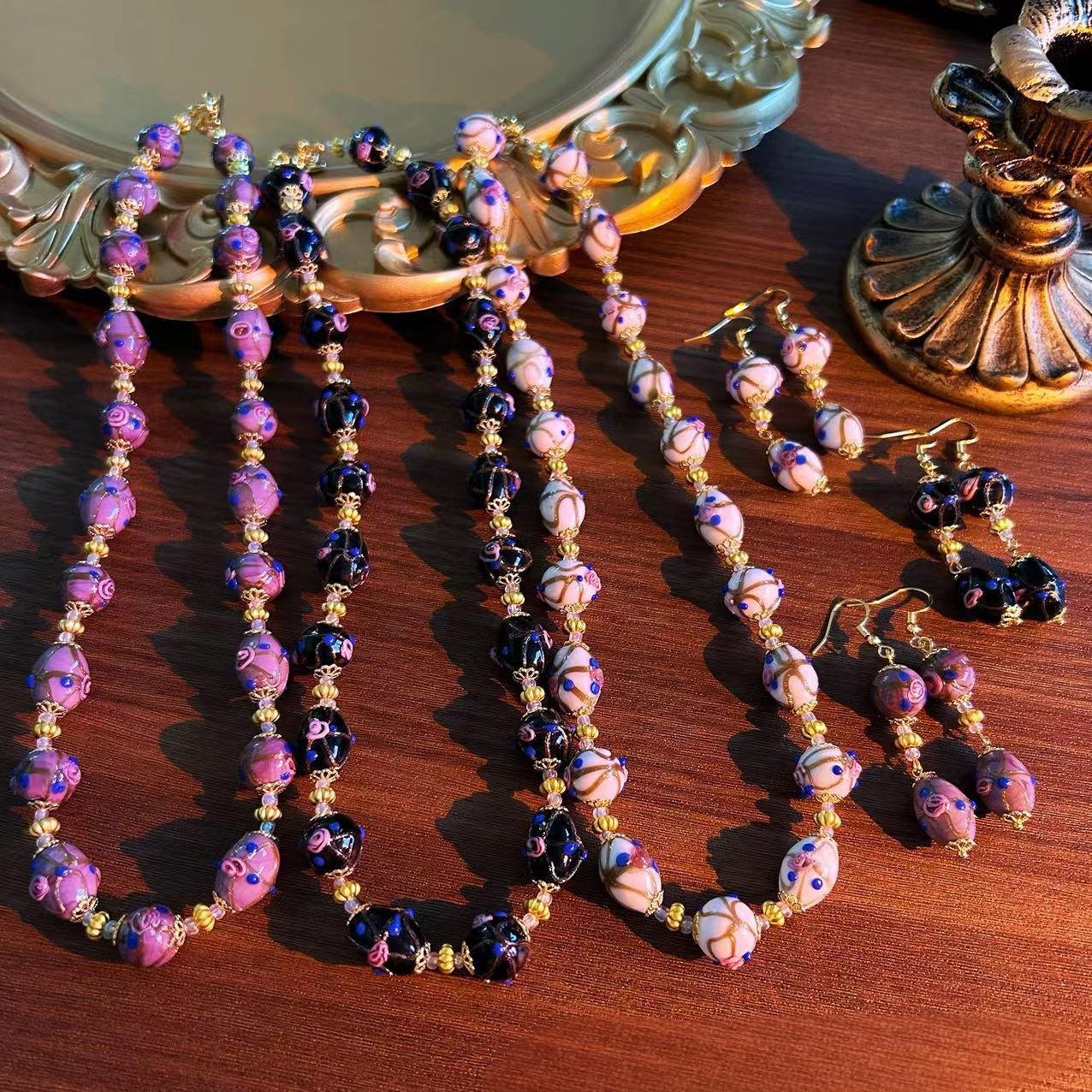 Cake glass beads retro fashionable vintage accessories Western antique court earrings and necklaces set