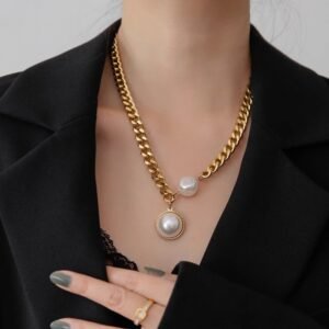 Exaggerated golden thick-chain large pearl necklace women's sweater chain summer hoodie trendy European style online celebrity fashion - does not fade