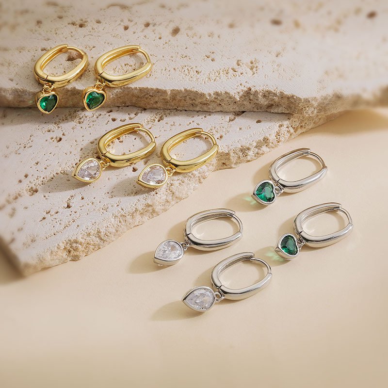 Copper-set-zircon heart-shaped heart-shaped ear hook earrings, women's exclusive high-end style, waterdrop-shaped fringes.