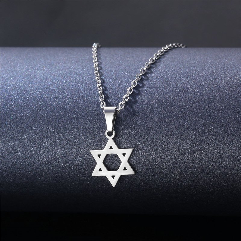 Geometric hexagonal star titanium steel necklace for women, featuring cartoon and anime-style mysterious symbols, stainless steel hexagonal star pendant as a decorative accessory.