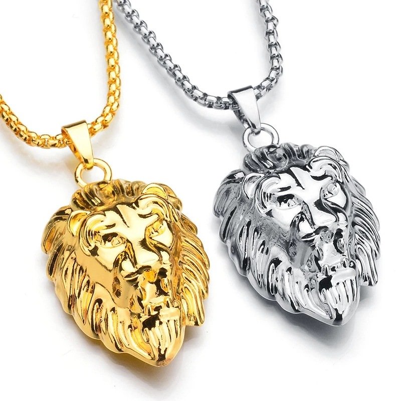 Retro style punk lion head pendant necklace for men and women, rock and roll accessory, stainless steel chain.