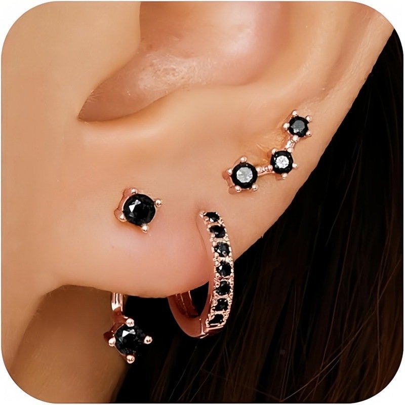 Zirconite stud earrings, three diamond snake-shaped three-piece copper-plated pure gold earrings set with real gold. - Image 3