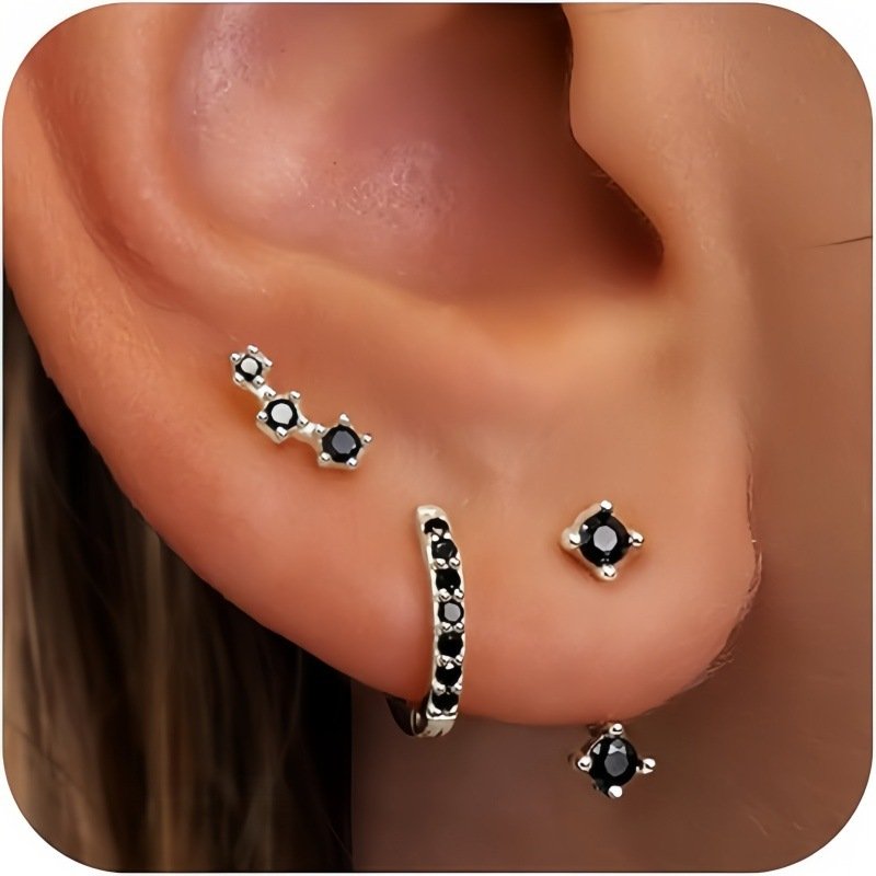 Zirconite stud earrings, three diamond snake-shaped three-piece copper-plated pure gold earrings set with real gold. - Image 4