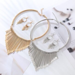 New European and American Fashionable, Bold & High-end Necklace and Earrings Set - Versatile Tassel Multi-layer Metallic Accessories