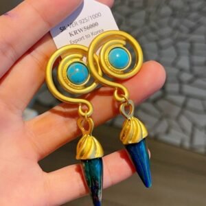 Mid-century Modern Vintage Design Turquoise Long Earrings with 925 Silver Needles, Exaggerated and Unique 18K Gold-plated Retro Earrings (Long Style)